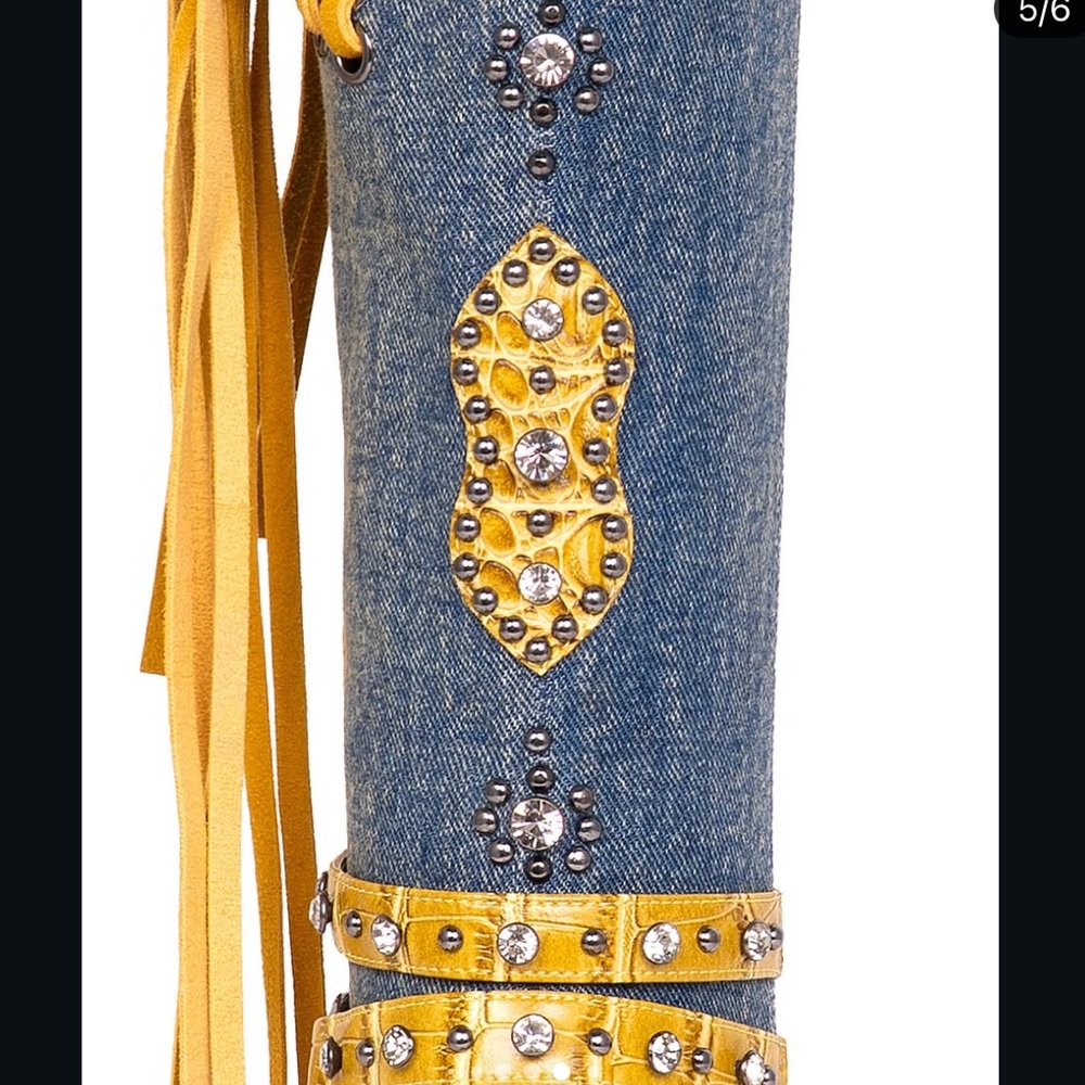 Yello Tokyo - Edgy Yellow Croc Fringe Studded Crystal Y2K Denim Heeled Boots - Picture 5 of 5